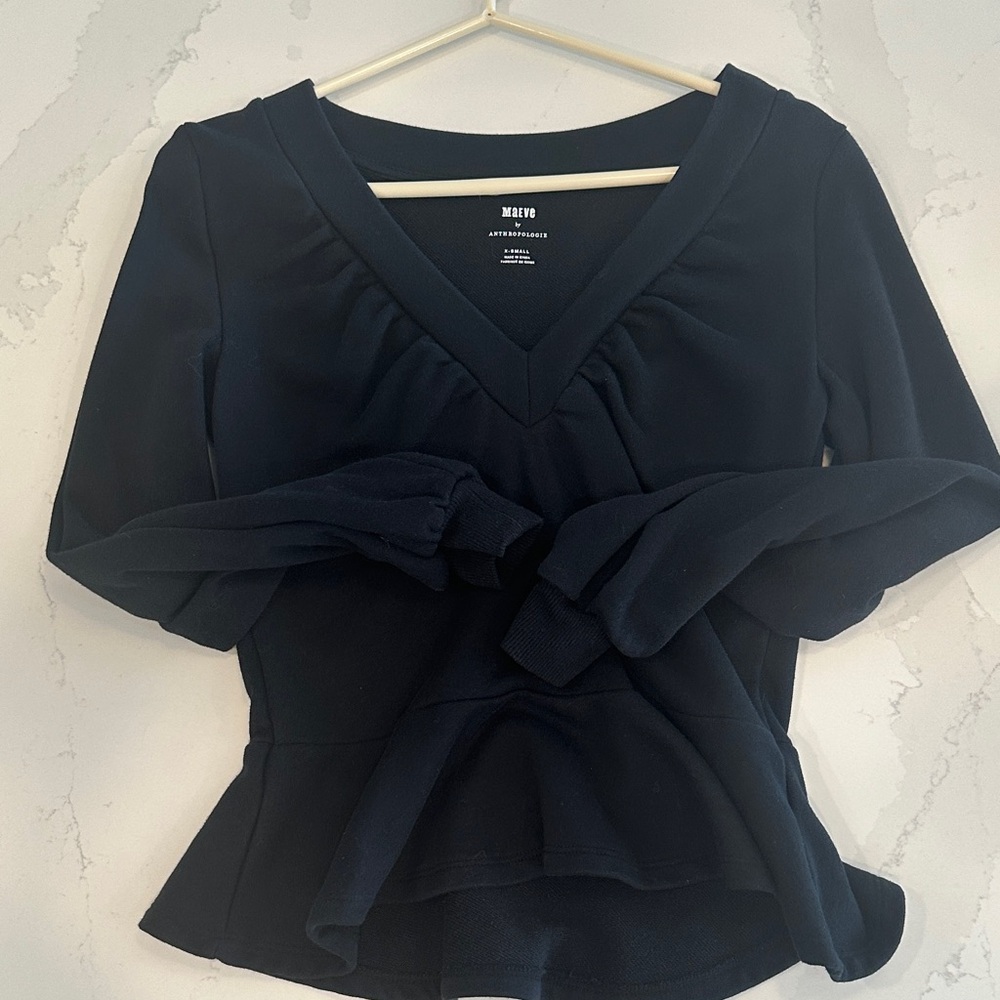 Anthropologie Maeve Black V-Neck Peplum Sweatshirt size XS